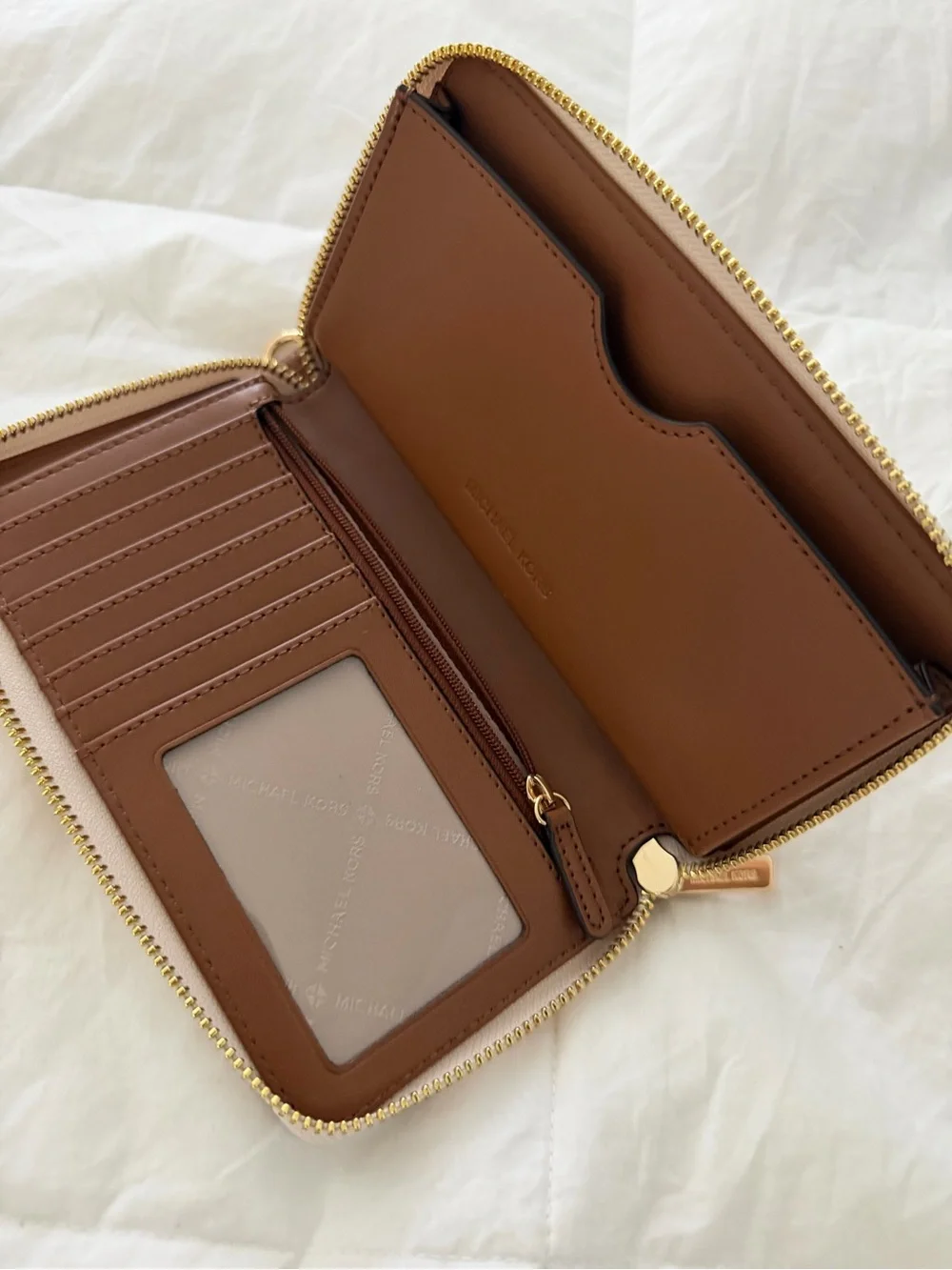 Michael Kors Taupe MK Signature Zip-Around Wallet with Gold Logo
